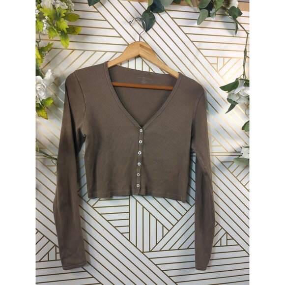 Brandy Melville Women's Brown Paige Ruffle Long Sleeve Top Ribbed One Size - Picture 3 of 5